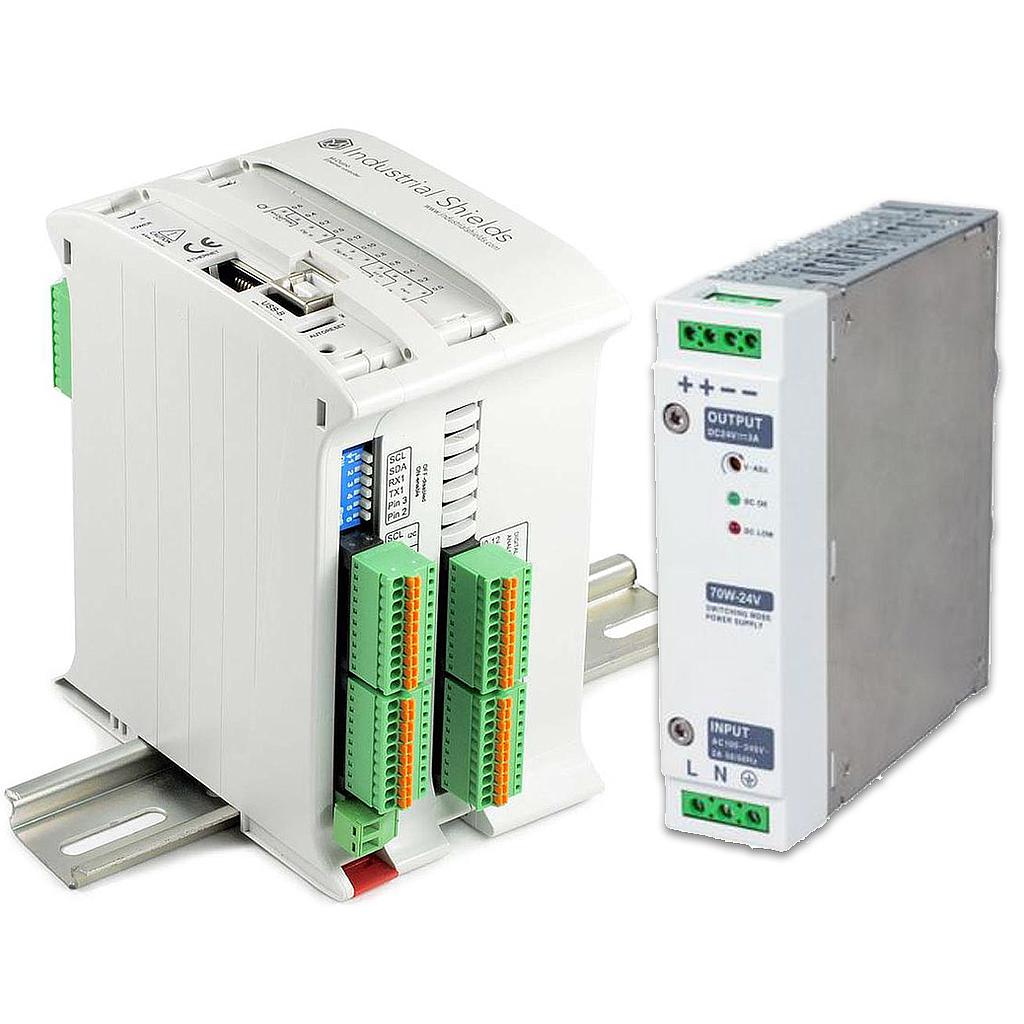 Arduino Ethernet PLC Starter kit. Incluye: M-Duino PLC Arduino 21+ &amp; Fuente Alimentación DIN Rail 30W &amp; Cable Electrico de conexión